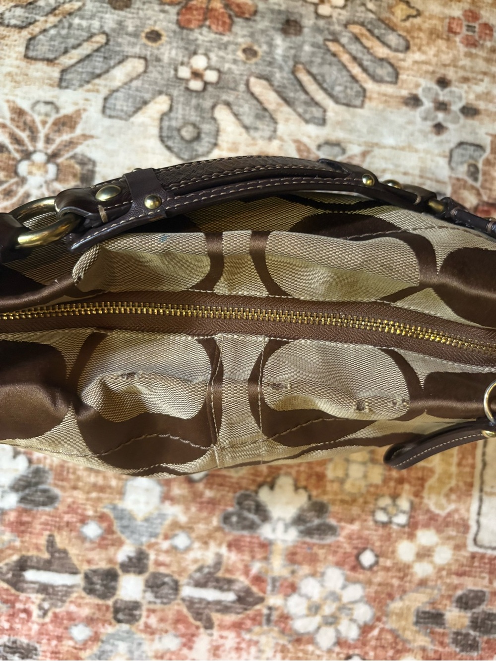 Coach Carly 12871 Tan Signature Canvas Shoulder Bag with Dark Brown Trim - Picture 6 of 12